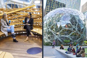 A split image--one side shows two people sitting in a wooden structure on a bench and the other shows people walking by the Spheres--two large, glass dome structures in the middle of downtown Seattle.