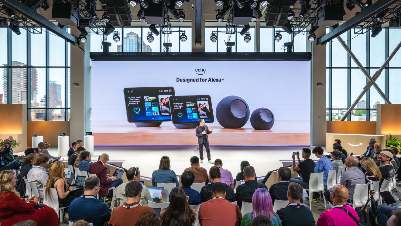 Panos Panay, SVP of Devices & Services, on stage announcing the new Echo Show 8 and 11, and Echo Dot Max and studio.