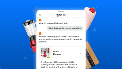 Smartphone screen showing smoothie-making advice from Rufus AI