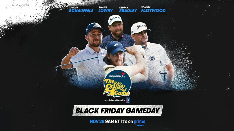 Prime Video promo for The Skin game featuring Xander Schauffele, Keegan Bradley, Shane Lowry, and Tommy Fleetwood.