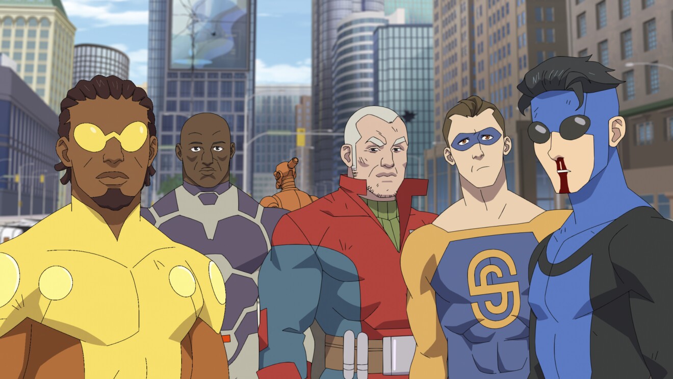 Invinvible from Prime Video: Animated superhero team standing in front of city skyline