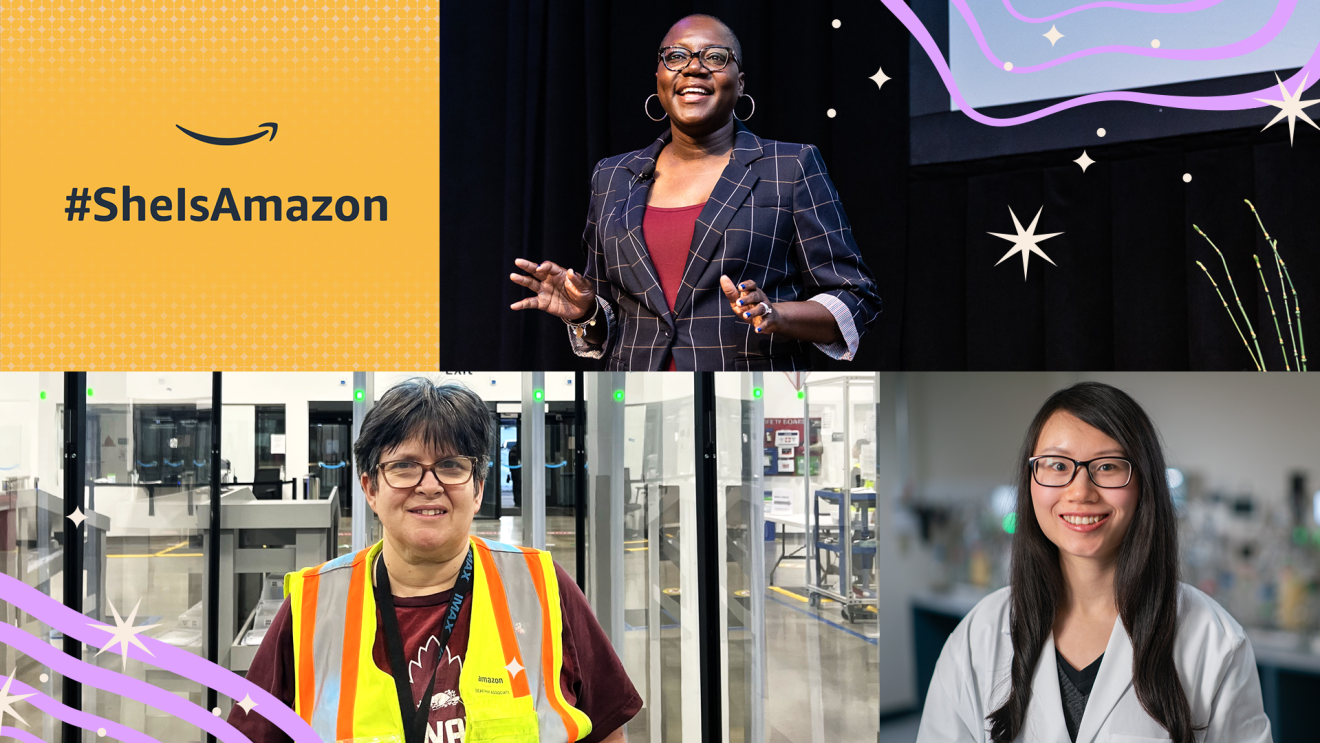 一幅三名女性的拼贴画,左上角有一张黄牌,上面写着“#她是亚马逊”。