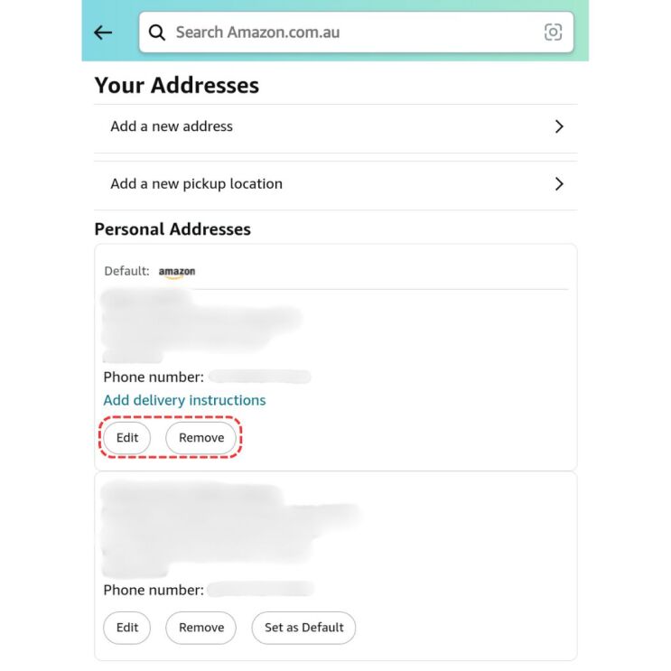 Edit or remove address Amazon mobile app