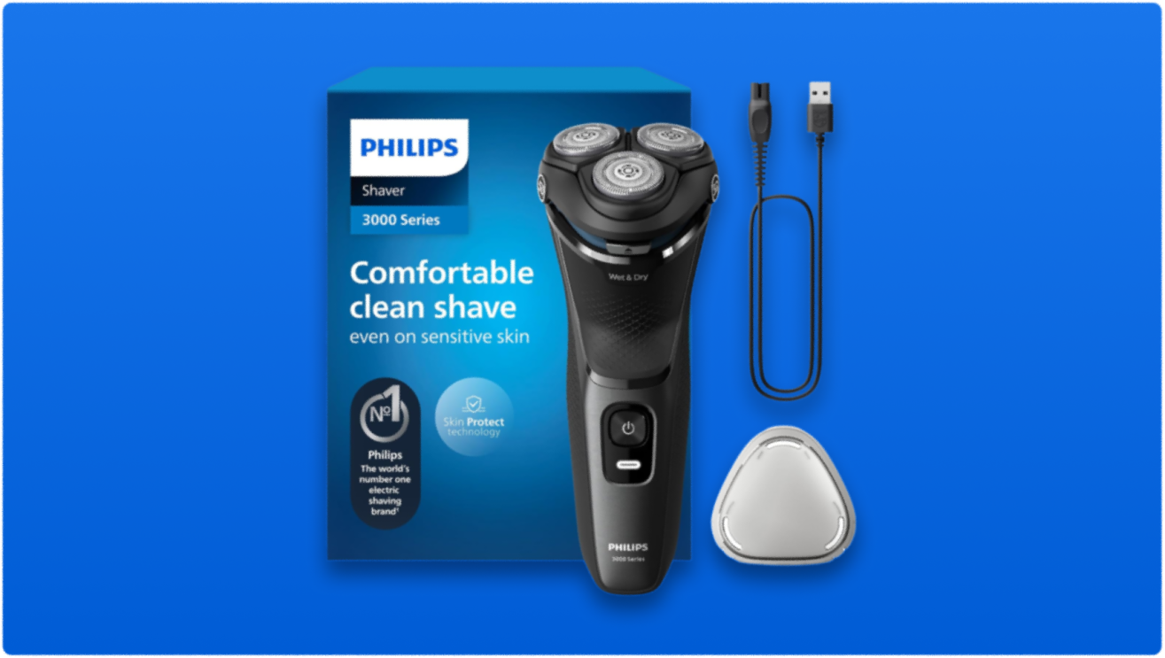 Philips 3000 Series electric shaver with packaging and accessories