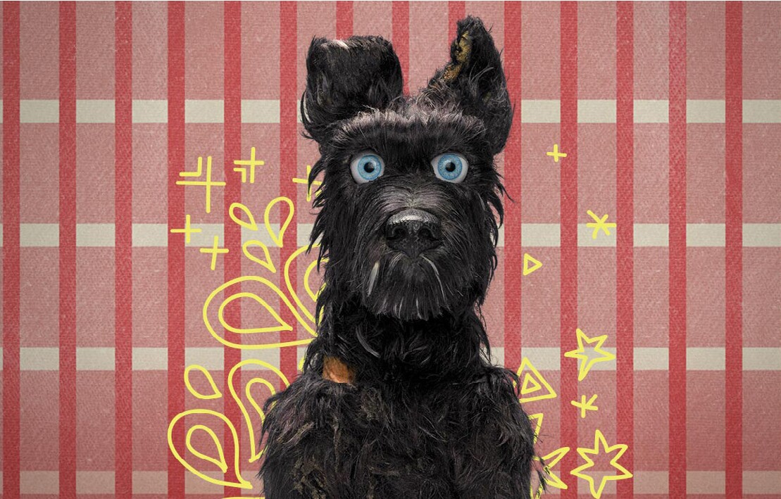 岛的狗促销海报显示许多狗和电影的主角,男性的人类