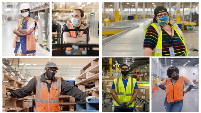 A grid of 6 Amazon employees, both men and women, all wearing a safety vest and face mask. 