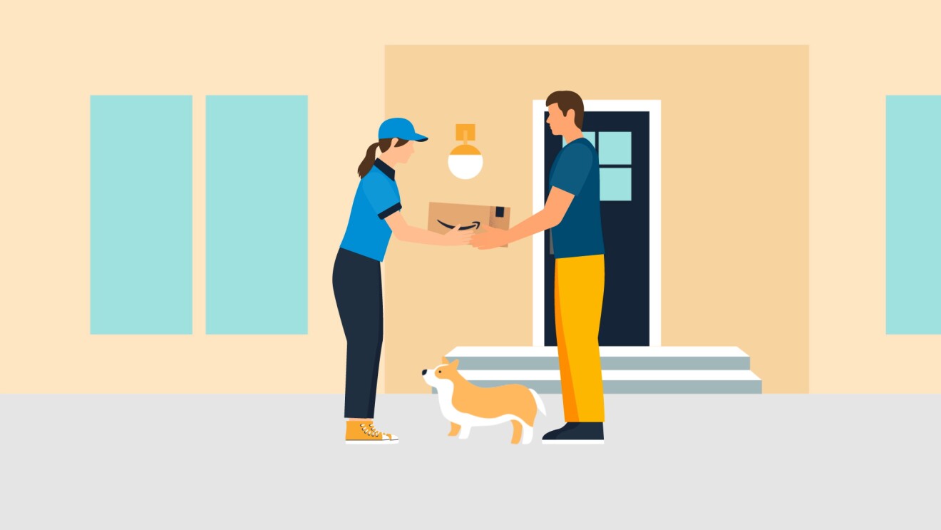 輪郭線のないカラーイラスト。ベージュの壁の家の玄関口で、配送スタッフが男性に荷物を手渡している。向かい合う2人の足元い胴の長い犬。