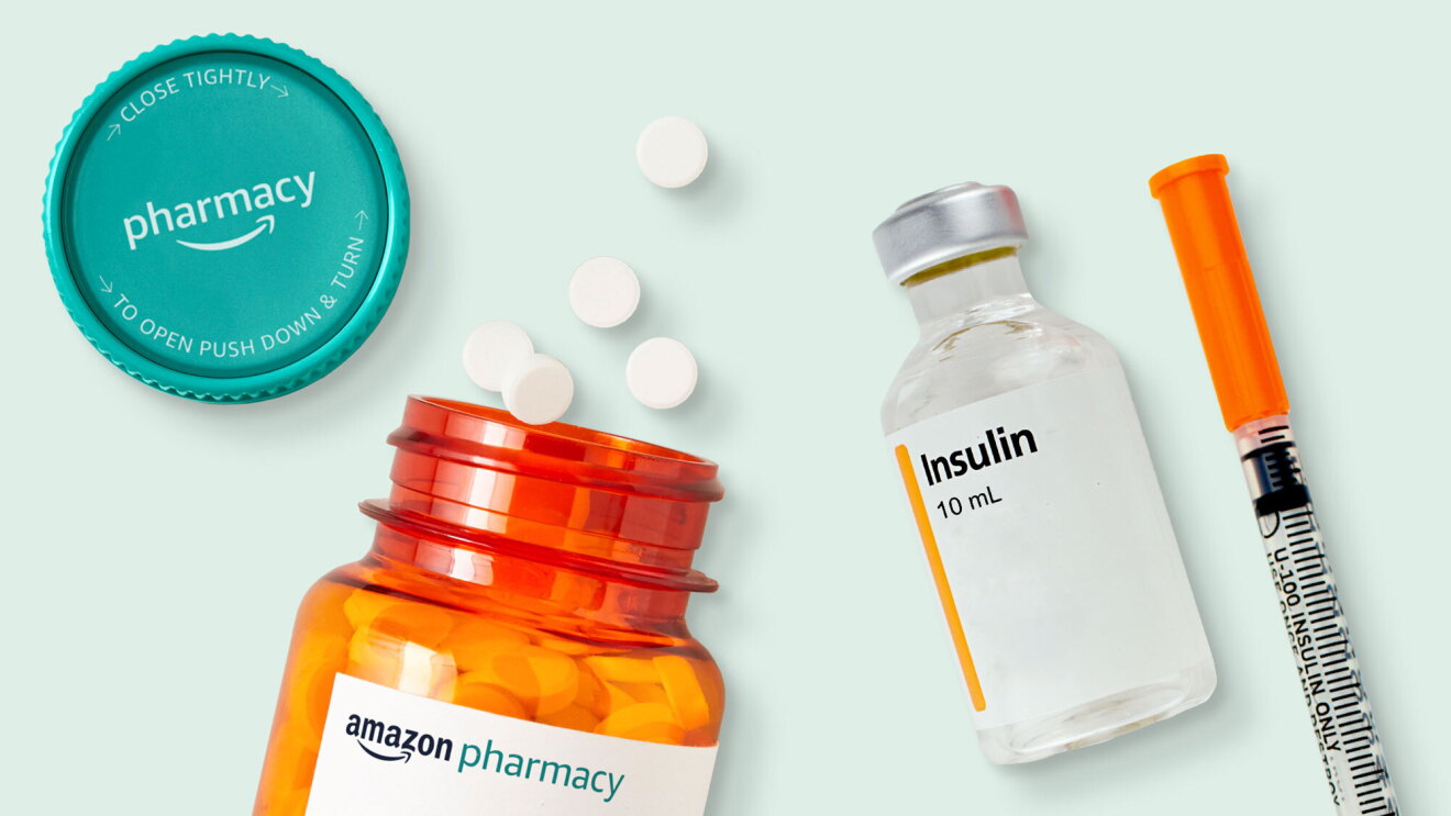 An image of an Amazon Pharmacy prescription bottle and an insulin bottle. 