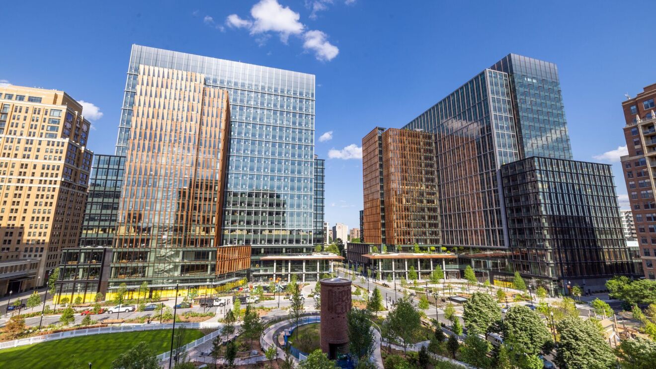 An image of buildings at Amazon's HQ2, Metropolitan Park, in Arlington, Virginia.