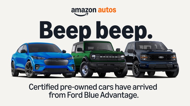 Amazon Autos ad featuring Ford Blue Advantage certified pre-owned vehicles