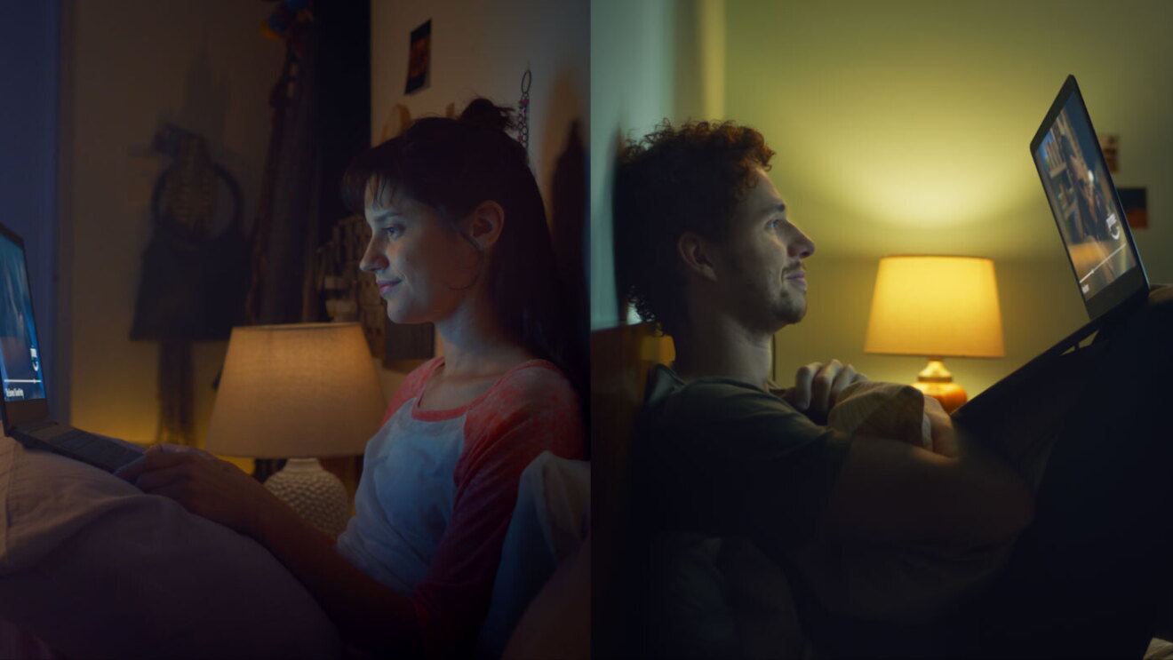A screenshot from Amazon's newest ad for Prime showing exes in their apartments on their own following a breakup.