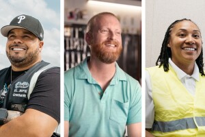 The headshots of three small business entrepreneurs who work with Amazon.