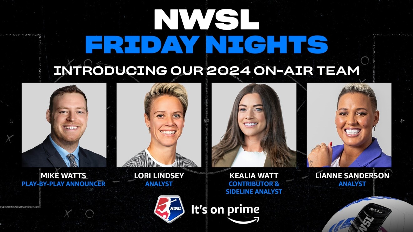 An image featuring four of the on-air talent for Prime Video's broadcast of the National Women's Soccer League. It includes images and credentials for Mike Watts play-by-play announcer, Lori Lindsay analyst, Kealia Watt contributor and sideline analyst, and Lianne Sanderson analyst. 