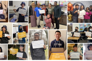 A collage of the student winners each smiling and holding up a check of their winnings.