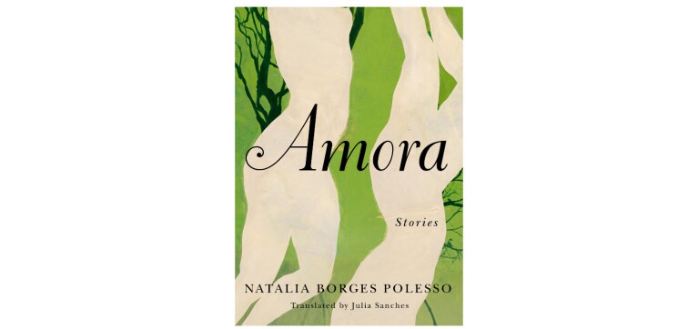 The book cover of "Amora" is a light green color with two silhouettes of human bodies that are cream color. There are dark green twig like figures coming from behind the silhouettes.