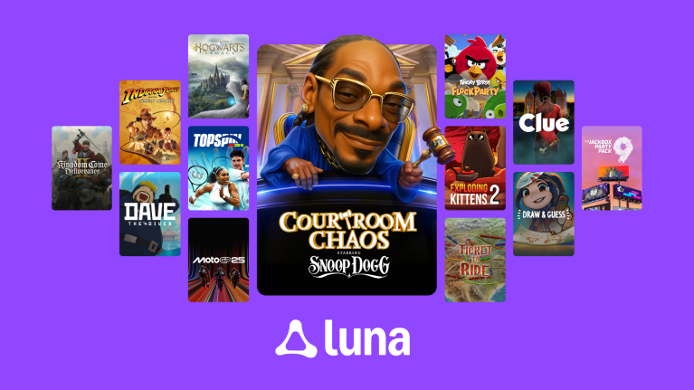 Luna gaming platform showcasing diverse game titles with Snoop Dogg's Courtroom Chaos as centerpiece