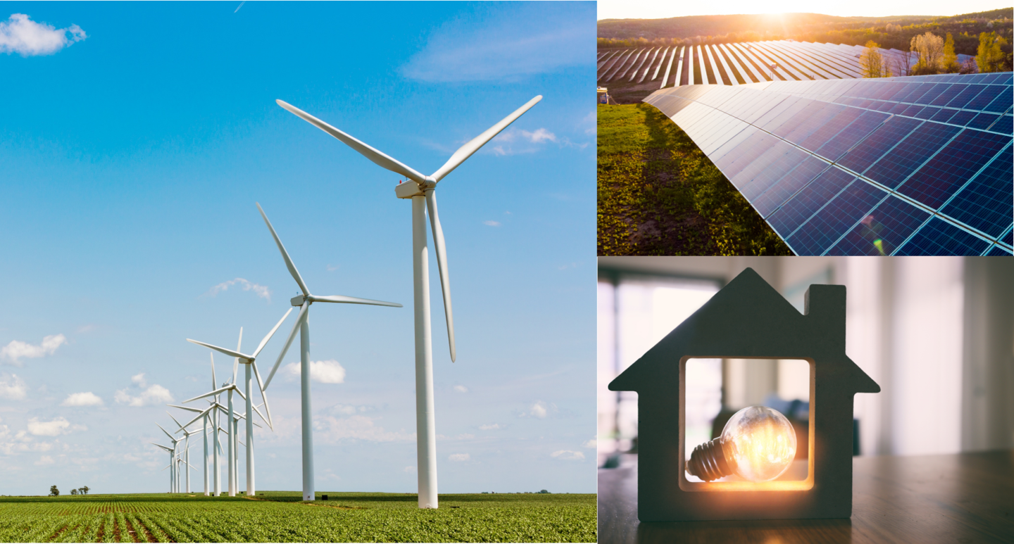 solar panels and wind turbines generating electricity