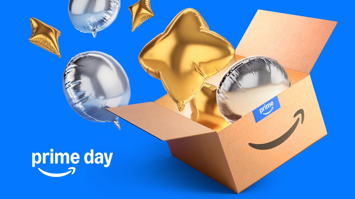 Amazon Prime Day box with celebratory balloons bursting out