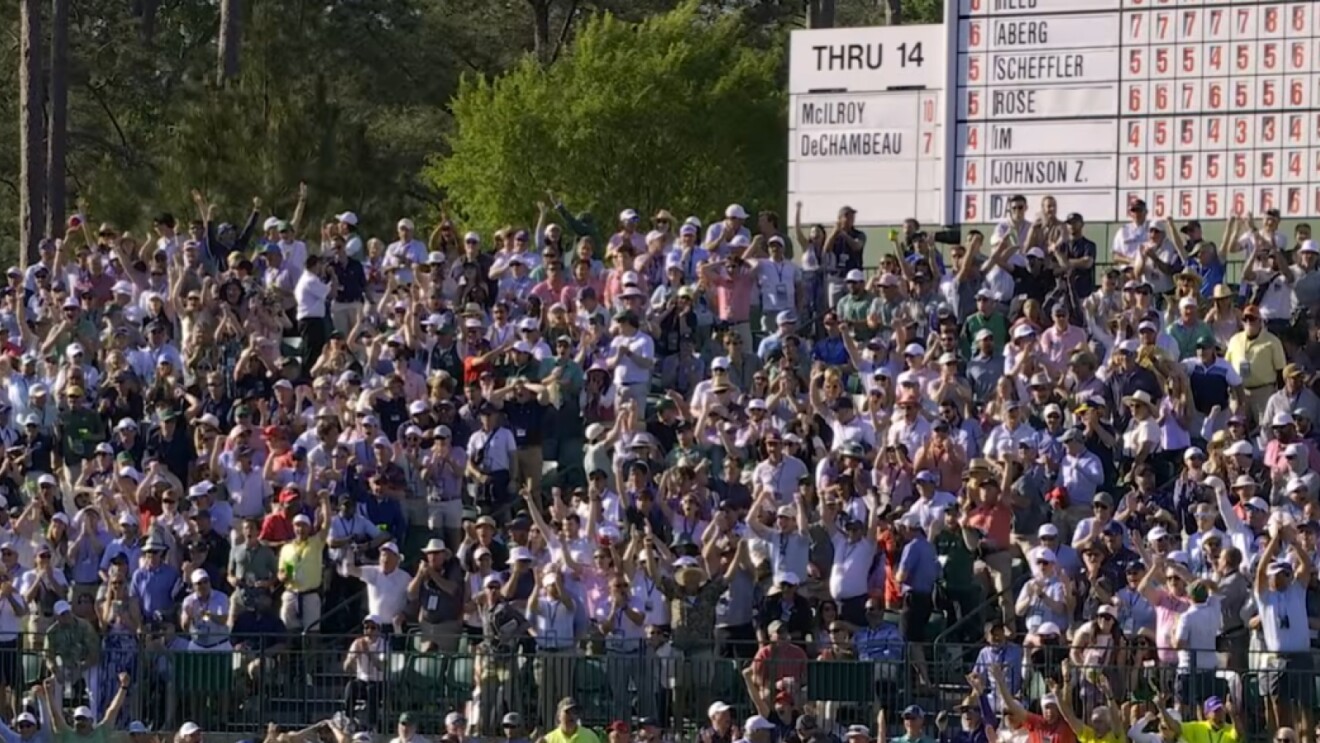 The crowd cheering Rory McIlroy at the 2025 Masters