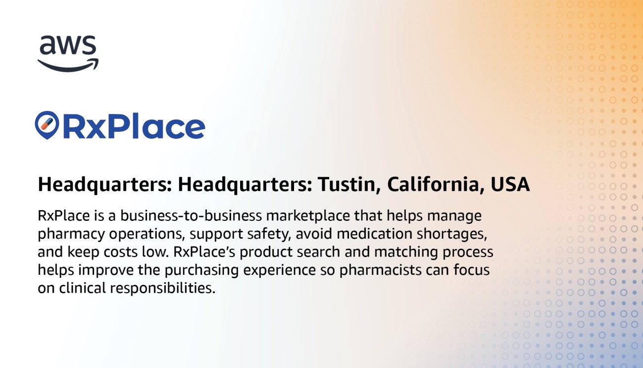 An infographic for RxPlace, which states, "RxPlace is a business-to-business marketplace that helps manage pharmacy operations, support safety, avoid medication shortages, and keep costs low. RxPlace’s product search and matching process helps improve the purchasing experience so pharmacists can focus on clinical responsibilities."