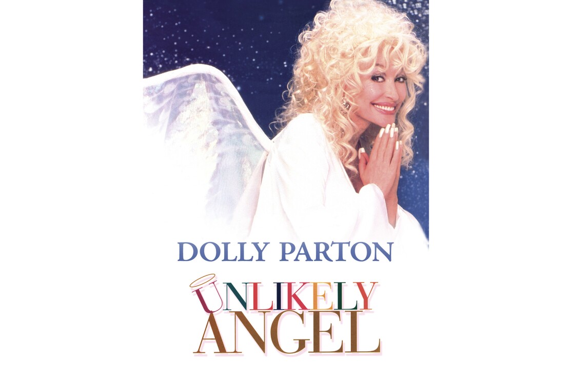 Cover art for "Unlikely Angel" features Dolly Parton, with her hands together as if to pray, while looking to the side and smiling at the camera. She wears her hair curly with bangs, a white robe and angel wings.