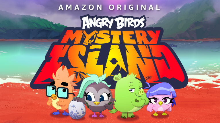 Angry Birds characters posed in front of Mystery Island title against beach backdrop