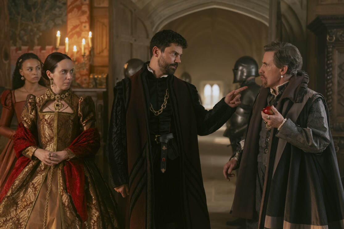 Abbie Hern as Bess, Kate O'Flynn as Princess Mary, Dominic Cooper as Lord Seymour and Rob Brydon as Lord Dudley in 'My Lady Jane' on Prime Video
