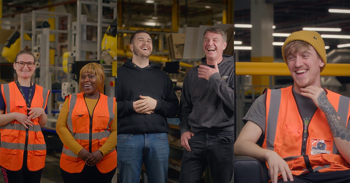 Five Amazon employees standing around a fulfilment centre 
