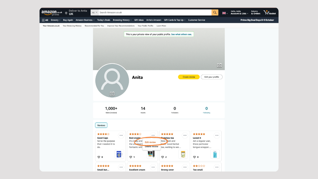 Laptop screen showing how to edit an Amazon review