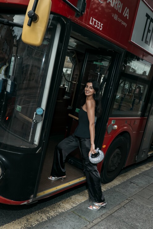 Amazon Fashion Lookbook, model steps onto London bus