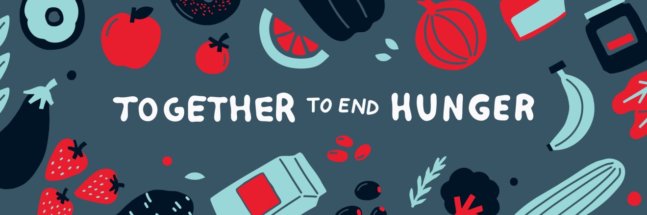 An infographic that states, "Together to End Hunger". The graphic features a variety of illustrations of produce and grocery items.