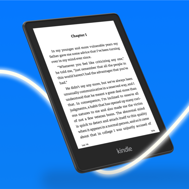 Kindle e-reader displaying Chapter 1 text on vibrant blue background