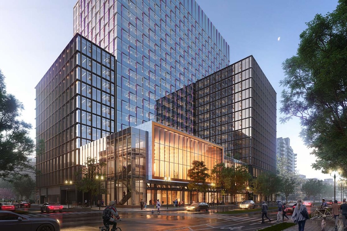 Image renderings showing the Met Park at Amazon's second headquarters in Arlington, Virginia.