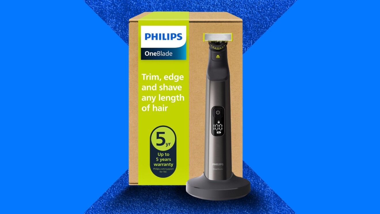 Philips OneBlade electric trimmer with 5-year warranty on blue background
