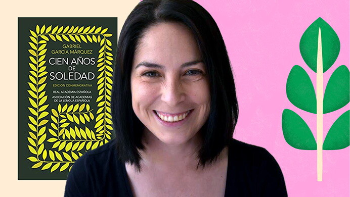 An image of María José Soto, content program manager, Alexa International, and a cover of a book in the background with an illustration of a leaf in pink and green.