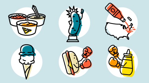 图形容器的调味品,泡菜,一幅美国地图旁边一瓶番茄酱,一个蛋卷冰淇淋,汉堡包戴着拳击手套和芥末容器戴拳击手套