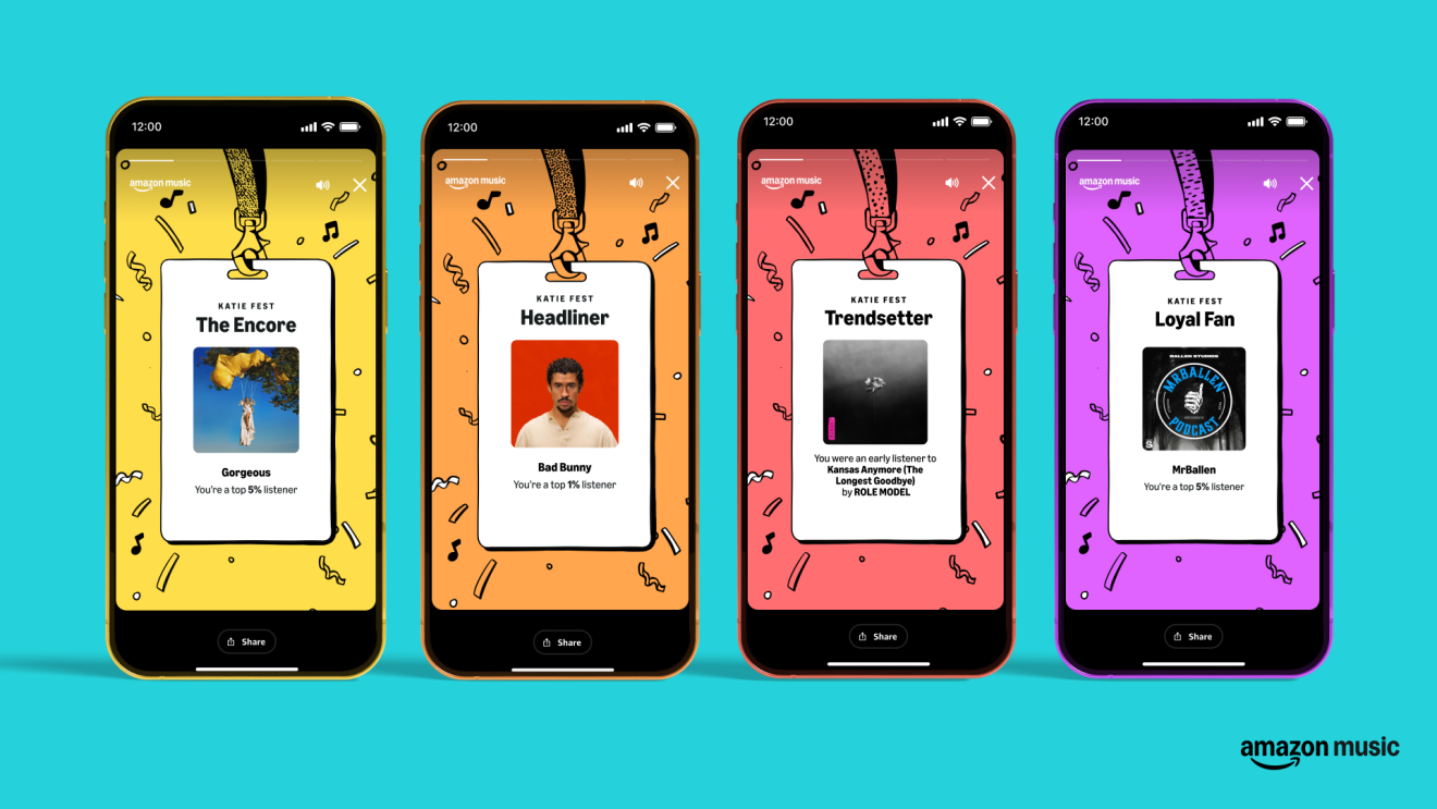 Amazon Music app screens showing listener categories: The Encore, Headliner, Trendsetter, and Loyal Fan