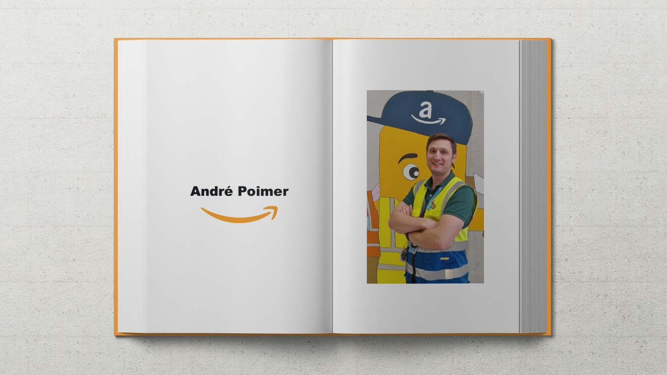 Illustration einer Buchseite mit einem Porträt von André Poimer aus dem Amazon Verteilzentrum in Wien Österreich.