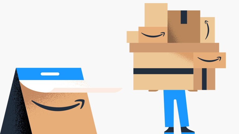 An illustration of a person holding a lot of Amazon packages.