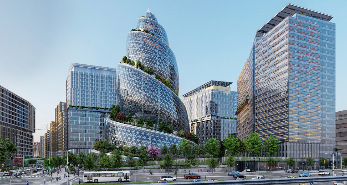 A rendering of the new Amazon headquarters in Arlington, Virginia. There is a large, helix-shaped building in the middle with greenery and several other rectangular buildings surrounding it.