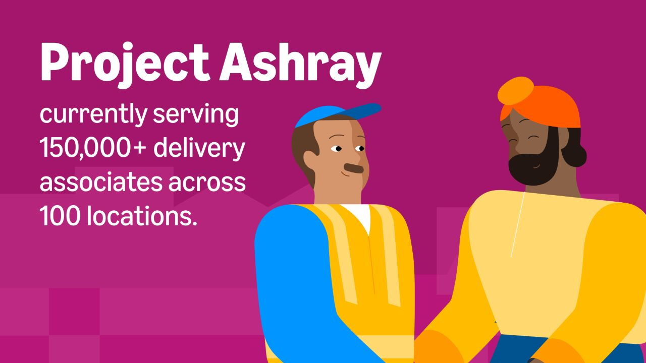Project Ashray promotional graphic featuring diverse delivery workers in blue and yellow uniforms