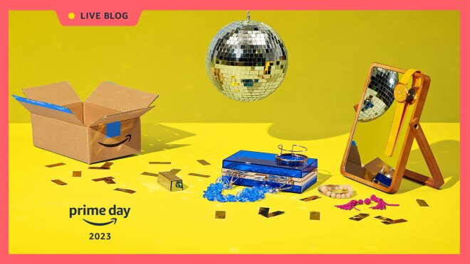 '一天2023直播博客亚马逊盒和五彩纸屑PD23_LiveBlog_Day2_HERO_2000x1125.jpg黄色背景