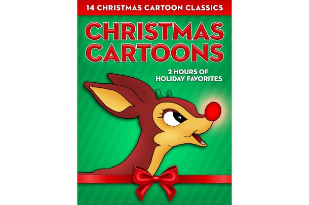 Cover art for "Christmas Cartoons" animated cartoon classics, with Rudolph the red-nosed reindeer smiling as his nose glows, in front of a green-on-green striped background.