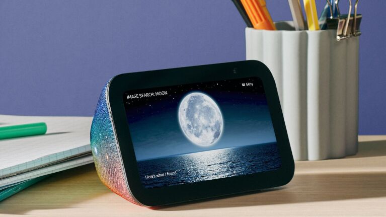 An image of the Amazon Echo Show 5 Kids edition with a picture of the moon on the display.