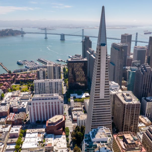 Aerial view of San Francisco skyline with Transamerica Pyramid and Bay Bridge
