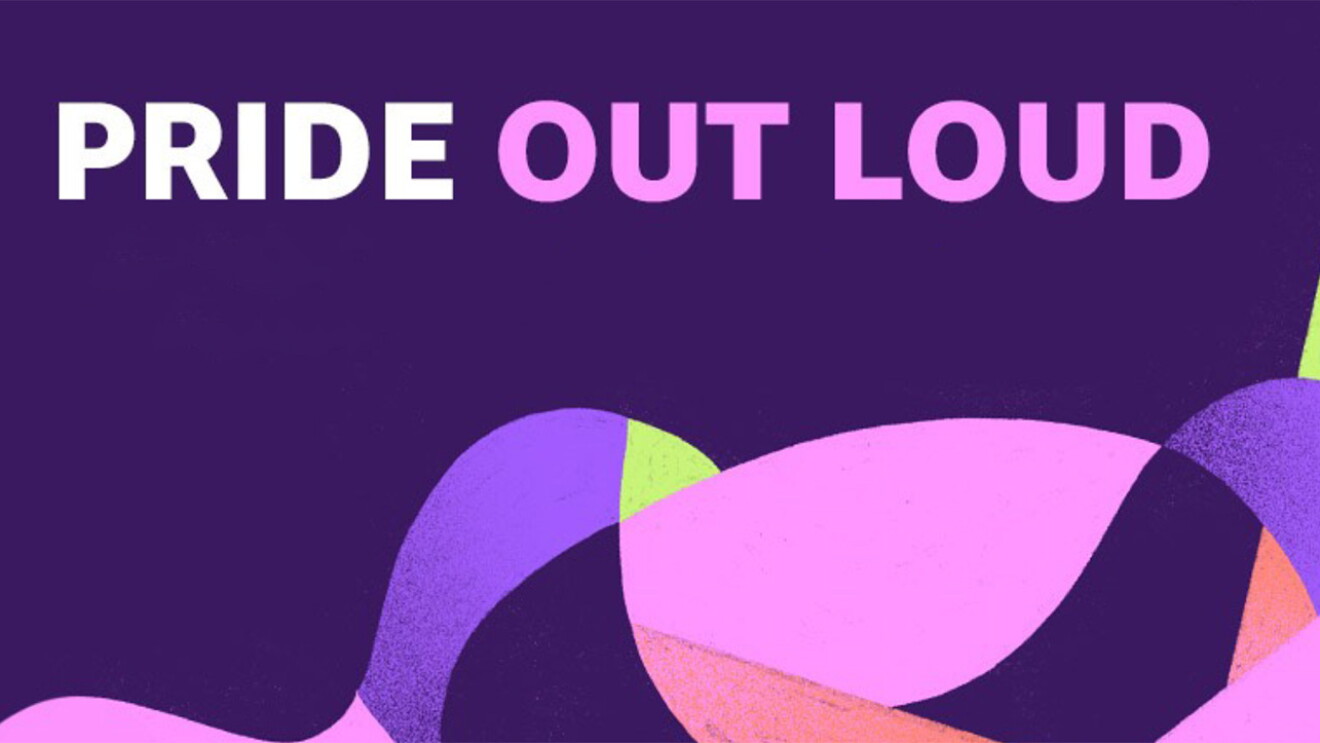 An illustrated image that says "PRIDE OUT LOUD" with a purple background and colorful line illustrations around it.
