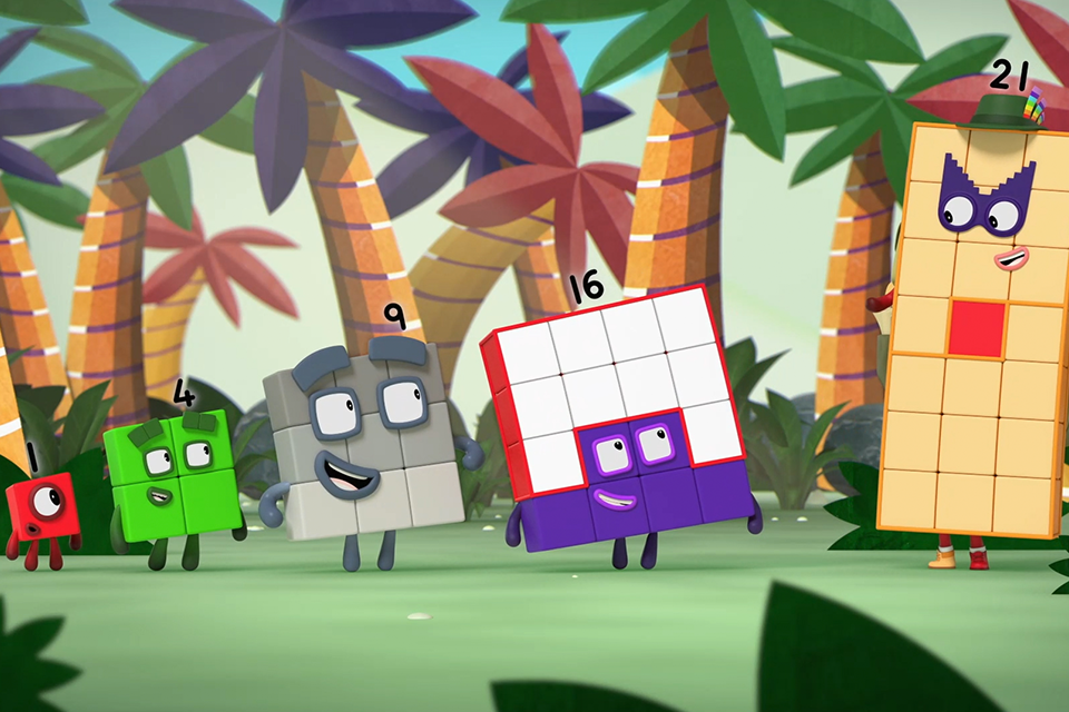 Numberblocks characters walking through a forest