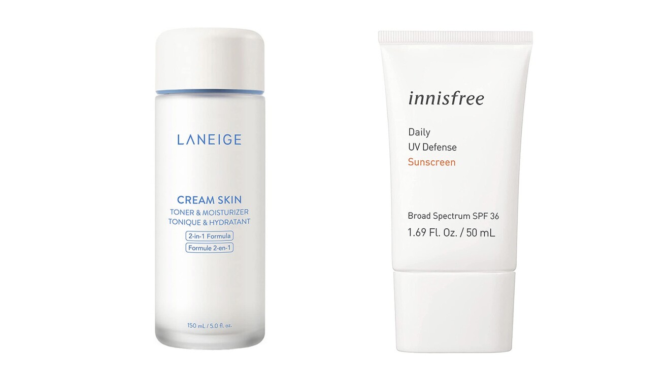 A bottle of Laneige Cream Skin Toner and a bottle if innisfree daily UV defense sunscreen.