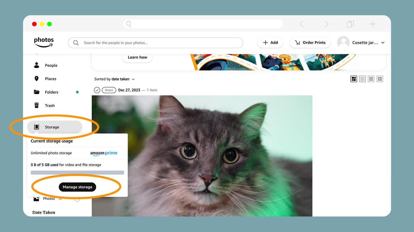 A screenshot circling the prompts for "Strorage" and "Manage Storage" on the left side menu.