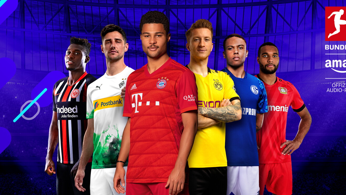 Sechs Bundesliga-Spieler blicken herausfordernd in die Kamera